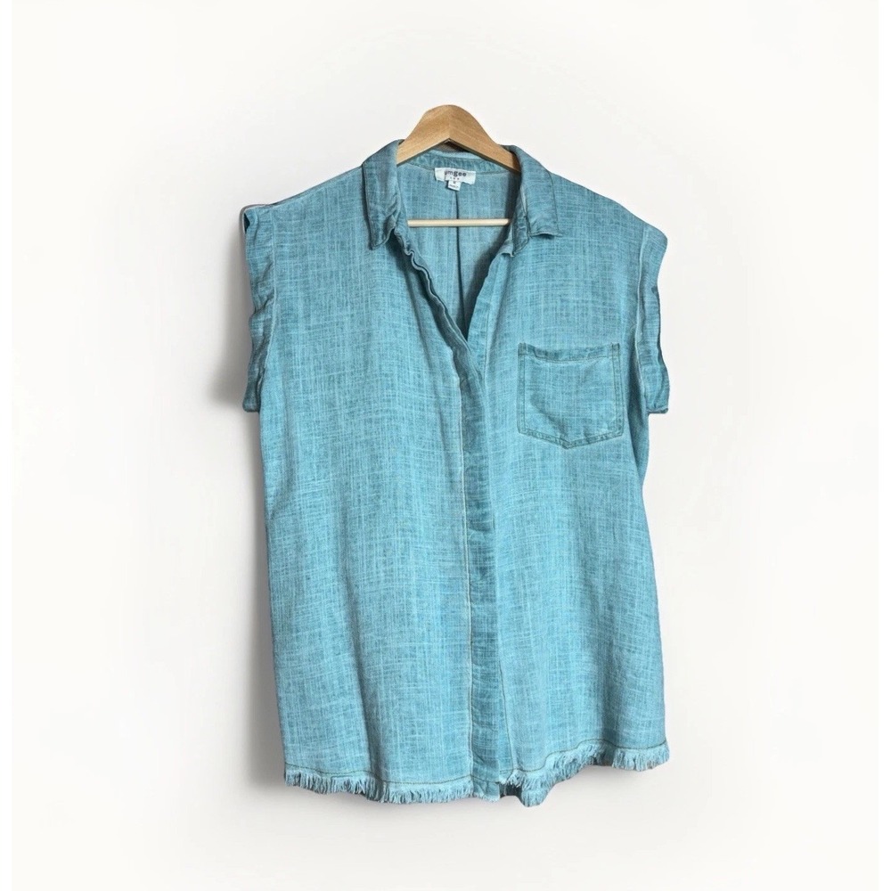 Umgee Women's Short Cuffed Sleeve Linen Blend Raw Hem Button Up Shirt Size M